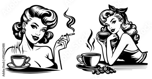 Retro pin-up women with coffee and cigarette set, vintage 1950s lady lifestyle illustrations, monochrome cafe break scene