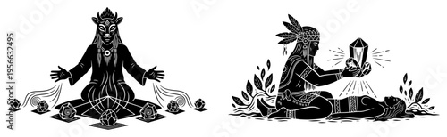 Shamanic healing rituals set, native shaman performing crystal therapy and spiritual meditation, esoteric energy healing icons