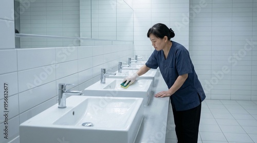 Woman cleaning bathroom sinks with sponge in modern restroom  