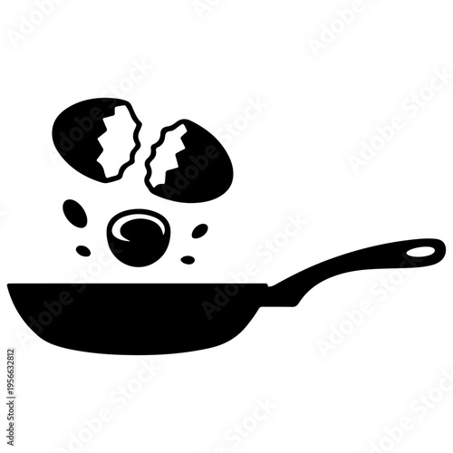 Black silhouette vector icon of a cracked egg falling into a frying pan, cooking breakfast symbol