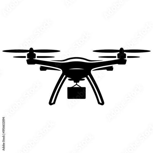Black silhouette drone vector icon delivering package, modern unmanned aerial vehicle technology symbol
