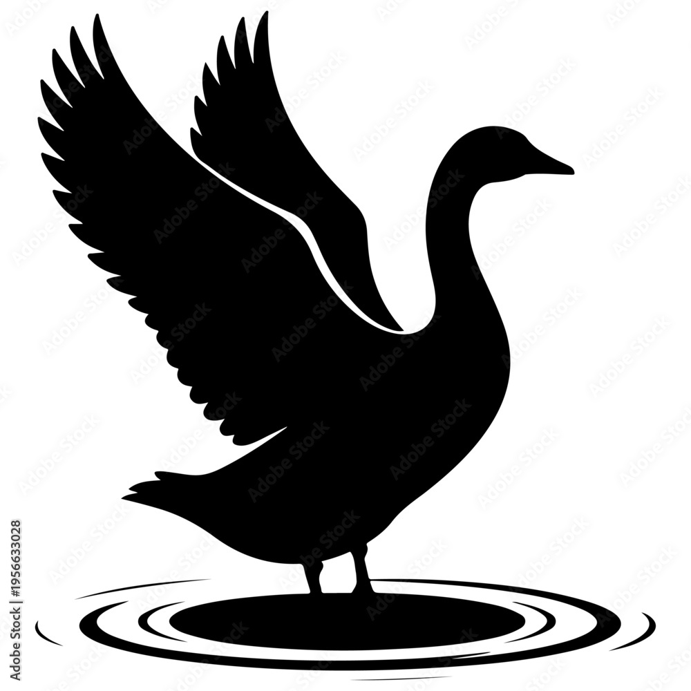 Fototapeta premium Black silhouette vector of a goose or swan with outstretched wings standing in water ripples
