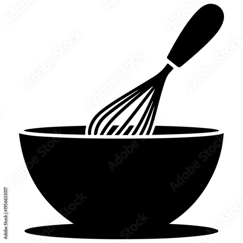 Black silhouette vector icon of a kitchen whisk in a mixing bowl, perfect for cooking and baking designs