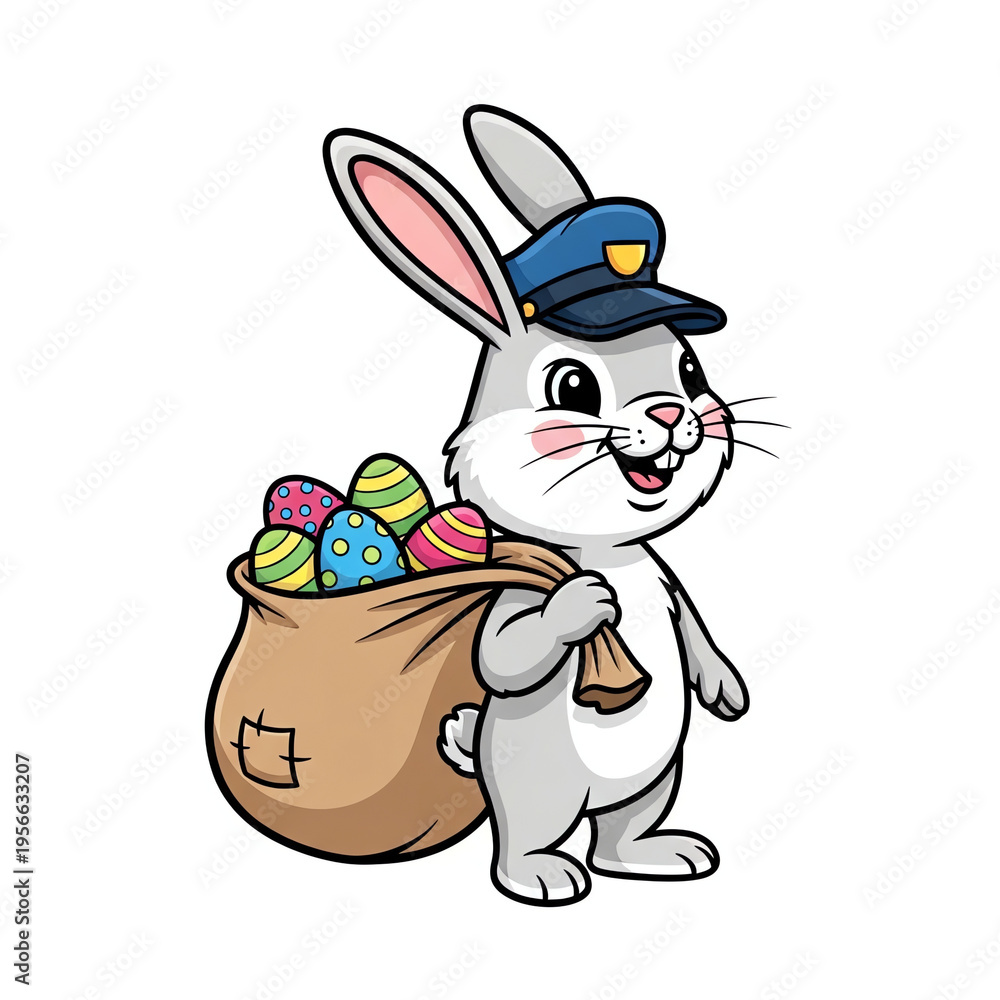 Fototapeta premium A cheerful bunny dressed as a police officer, carrying a sack full of colorful Easter eggs, perfect for holiday greetings
