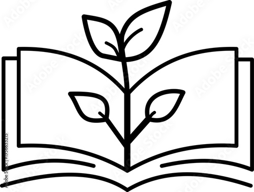 Line art illustration of an open book with a small plant growing from its pages, symbolizing knowledge, growth, and learning.