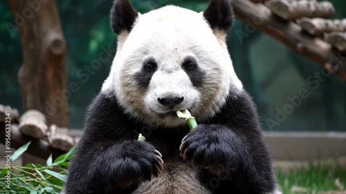 Adorable giant panda bear sitting upright while happily consuming a fresh green stalk of bamboo during feeding time