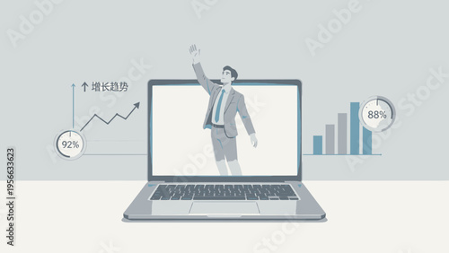 Businessman emerging from laptop with growth charts
