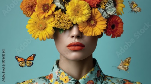 Female model with floral headpiece made of yellow and orange flowers, butterflies surrounding her, wearing a patterned shirt against a light blue background