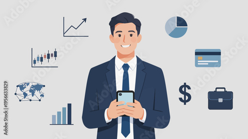 Businessman with financial icons