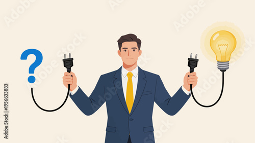 Businessman holding plug and lightbulb