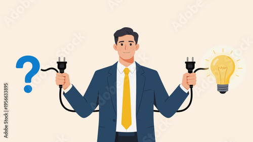 Businessman holding plugs and light bulb