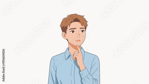 Animated man in blue shirt with thoughtful pose
