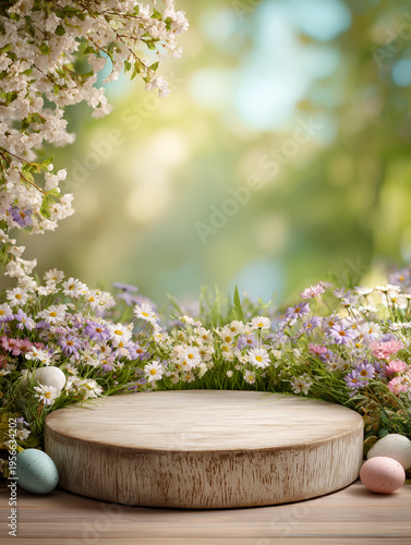 Spring Floral Podium with Easter Eggs – Natural Garden Background, Product Display Mockup, Copy Space. Easter Spring Podium with Flowers and Eggs – Natural Wooden Stage, Product Display Background