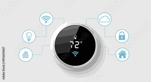 Smart thermostat with digital display at 72 degrees, connected to home automation icons. Internet of Things concept. Vector illustration