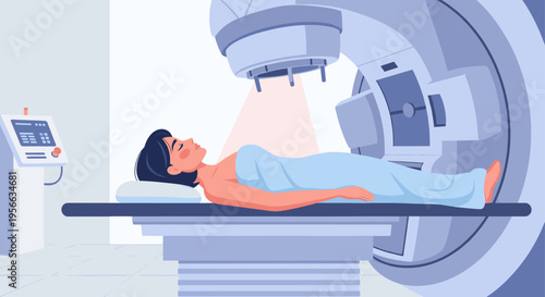 Woman undergoing radiation therapy with medical device. Cancer treatment or diagnosis concept. Vector illustration for healthcare article, banner, website