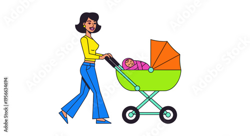 Woman walking with a baby in a stroller. Motherhood, parenting, and family life concept. Simple flat style vector illustration