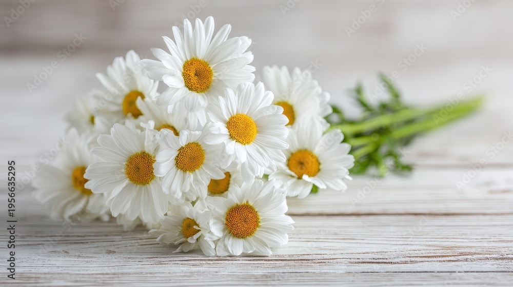 Obraz premium Fresh daisies bouquet on a white wooden background with natural light