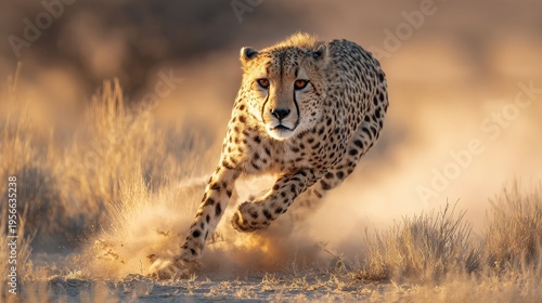 Cheetah sprinting across a sunlit savannah in South Africa