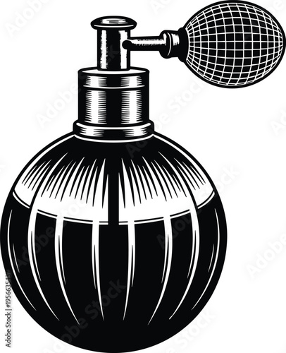 Vintage Perfume Bottle Illustration with Atomizer Bulb in Black and White Engraving Style for Luxury Beauty Branding Fragrance Salon Decor Isolated on White Background
