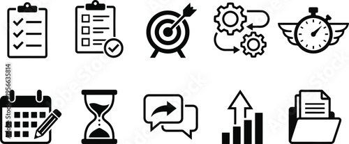 A collection of business and productivity icons in black and white
