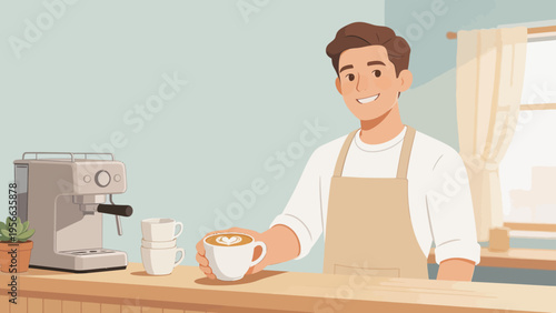 Barista holding coffee cup with latte art