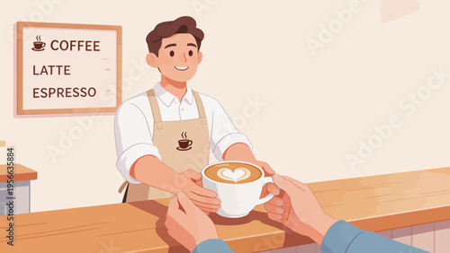 Barista serving coffee with heart design