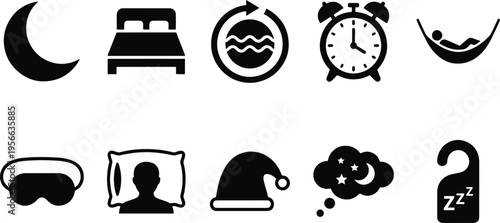 A collection of black and white icons related to sleep and bedtime