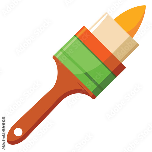 Professional flat paintbrush with brown handle and green ferrule featuring vibrant yellow paint on bristles