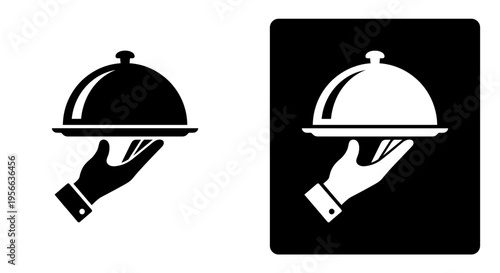 Professional restaurant cloche service icons with waiter hand holding tray isolated on white and black backgrounds for catering and hospitality concepts.