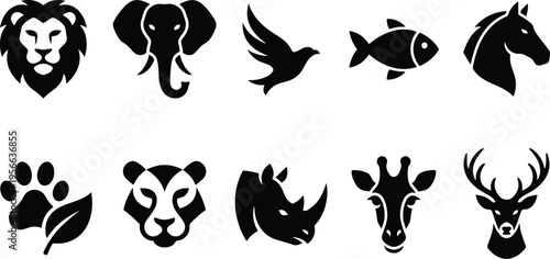 Black silhouettes of various animal heads and paw