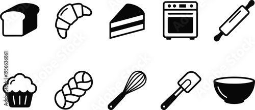 Black and white bakery icons on a white background
