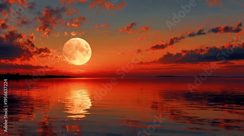 Crimson Horizon: Full Moon Reflecting Over Glassy Ocean at Dusk
