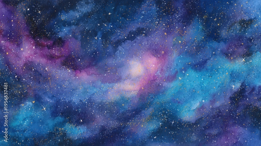 Fototapeta premium Dreamy space scene in watercolor: vibrant nebulas over a dark midnight sky