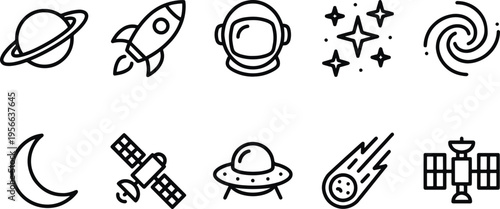 A set of black line icons depicting various space related objects