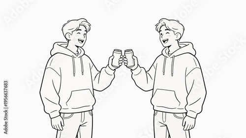 Two people clinking cans in a line drawing