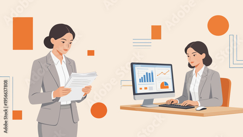 Two women in business suits working at office