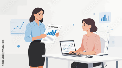 Two women in office discussing performance data