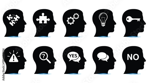 Diverse silhouettes of human heads with various symbolic icons representing thought and inquiry Vector