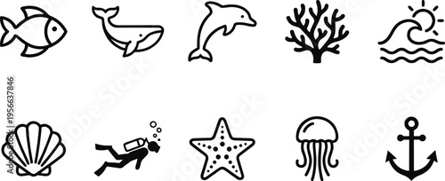 Ocean icons including sea creatures and symbols