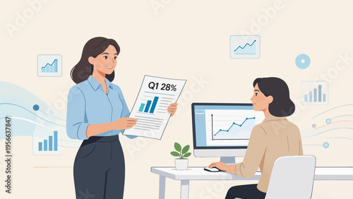 Two women in office discussing Q1 data