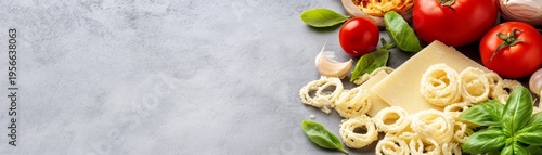 Italian cooking essentials flat lay vibrant tomatoes, basil, Parmesan, garlic and crispy pasta rings on grey for Mediterranean recipe banners and copy space., Italian Food ,Ingredients