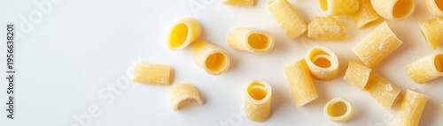 Minimalist overhead shot Assorted dry tubular pasta scattered on a bright white background, highlighting raw ingredients for Italian culinary concepts. Food, Ingredient