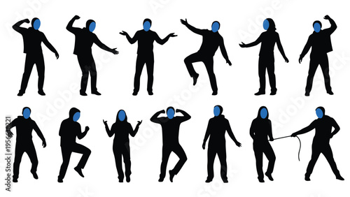 Dynamic silhouettes of people in various joyful and energetic poses against a plain background Vector