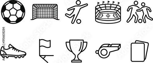 A collection of black and white soccer icons