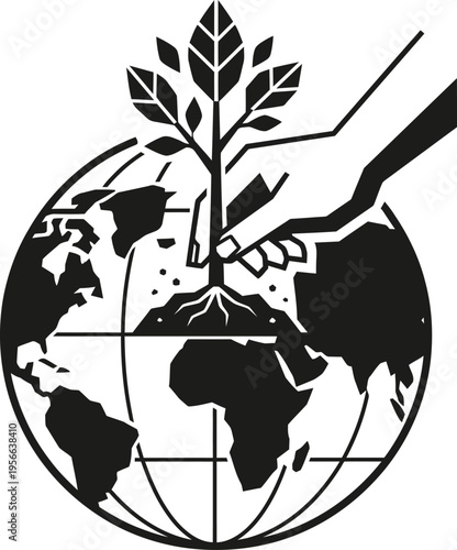 Conceptual vector art showing a human hand planting a sapling directly into the Earth
