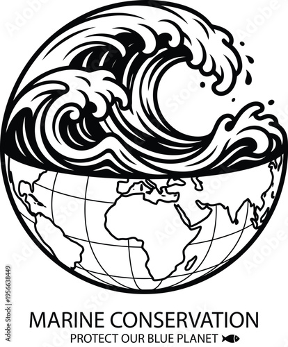 Black and white vector illustration of a globe with a dynamic ocean wave inside, symbolizing marine conservation, ocean protection, and sustainable water resources