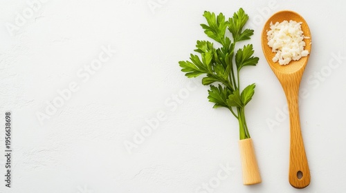 Overhead shot Fresh green parsley and minced garlic in a wooden spoon on a bright white textured surface, showcasing simple culinary elements and copy space. Herb, Garlic