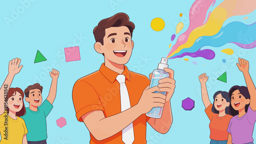 Man spraying colorful liquid with people cheering