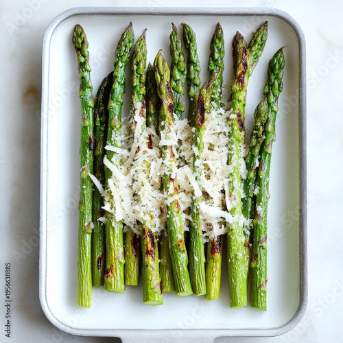 Overhead shot of vibrant grilled asparagus spears topped with grated Parmesan and pepper in a white rectangular dish on marble. Healthy and savory side., Grilled Vegetables, Healthy