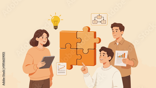 Three people collaborating with puzzle pieces